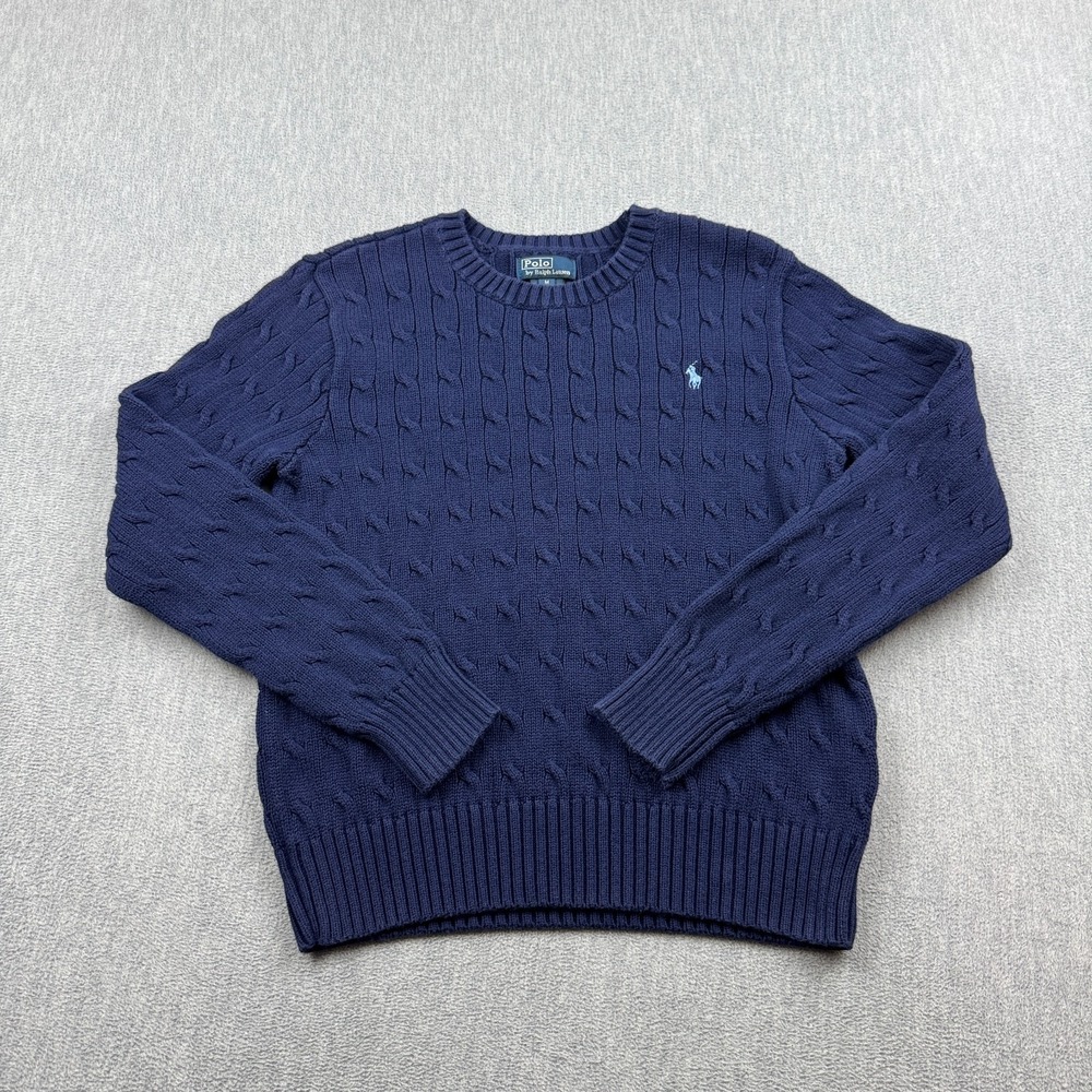Vintage Polo By Ralph Lauren Sweater Youth Medium Blue Cotton Crew Neck Knit